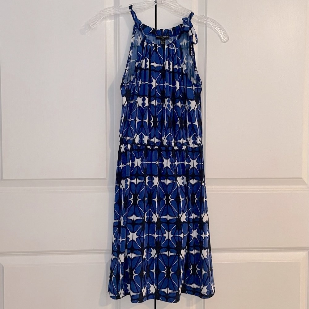 NWOT Banana Republic Geometric Halter Midi Dress (Petite XS, Blue/Black/White)